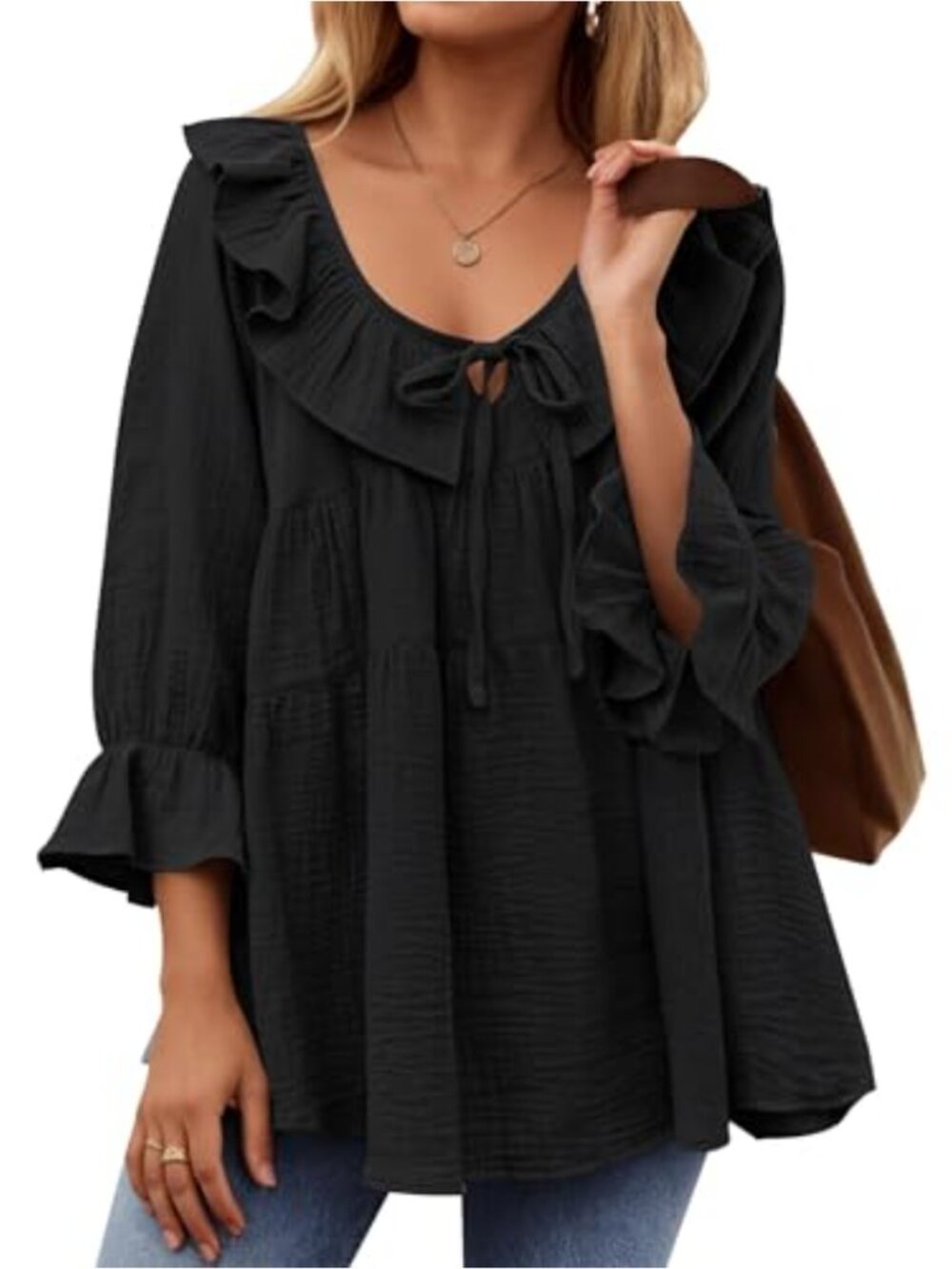 Womens Scoop Neck 3/4 Sleeve Tie Front Ruffle Tiered Tunic Blouse